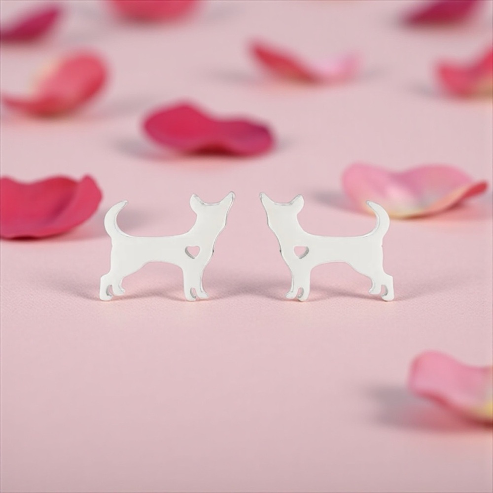 Beautiful Silver Dog Stud Earrings With Heart Design - NWOT